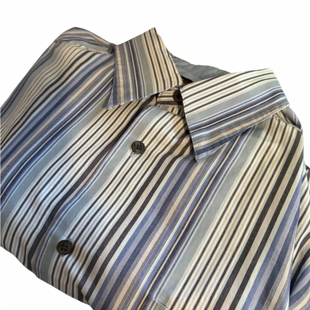 Axcess A Claiborne Co Xl Blue And Gray Striped Long Sleeve Pocket Shirt